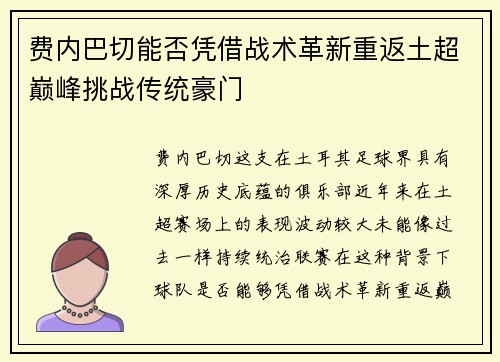 费内巴切能否凭借战术革新重返土超巅峰挑战传统豪门