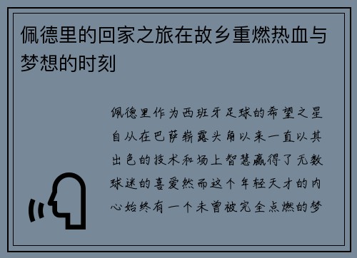 佩德里的回家之旅在故乡重燃热血与梦想的时刻